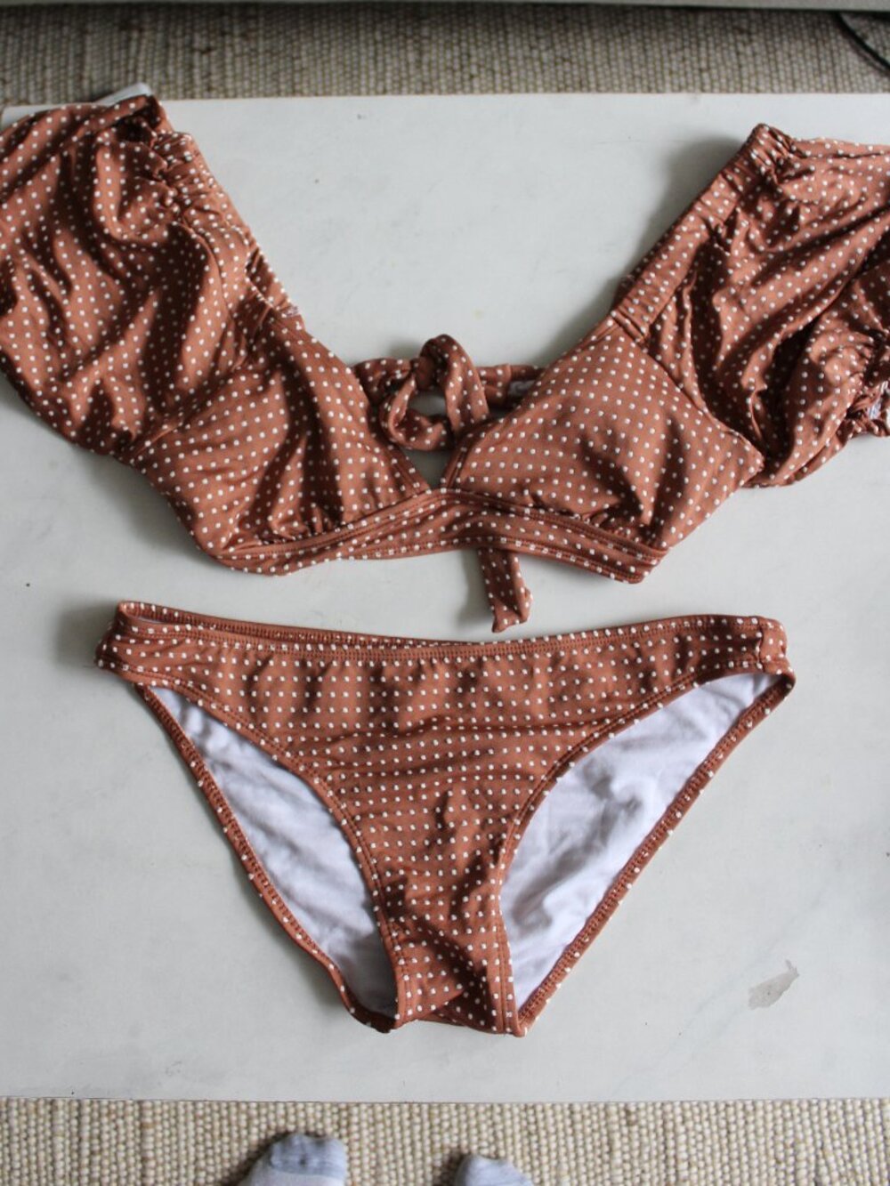 Target Wild Fable 2-Piece Puff Sleeve Bikini Set in Brown Polka Dot.